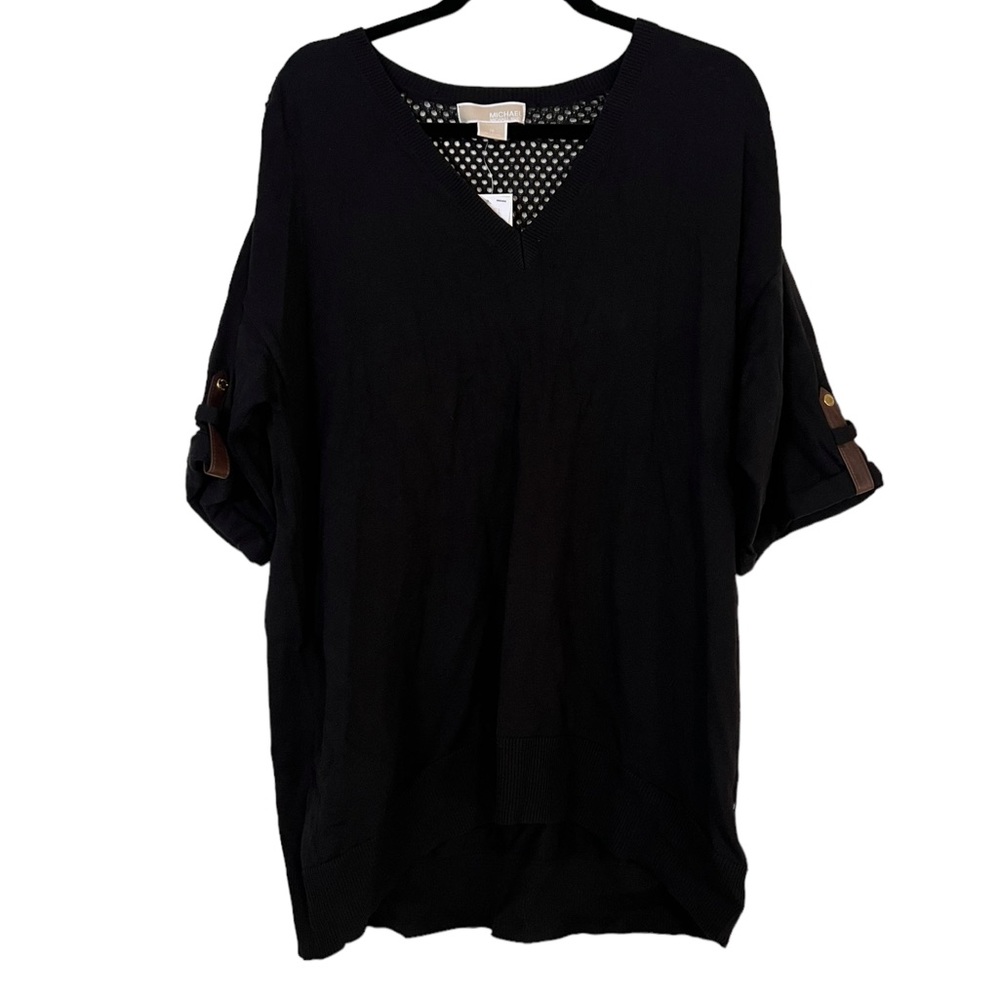 NWT Michael Kors black tunic sweater leather detail 1x
